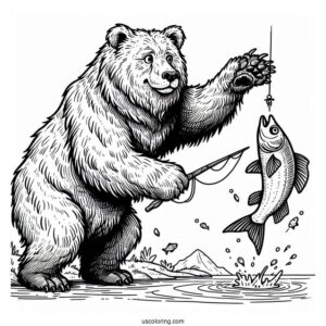 Scary Bear Coloring Page Catching Fish In The Air