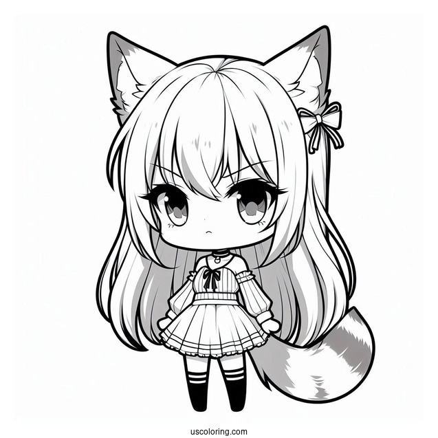 Serious Chibi Girl With Cat Ears And Tail Coloring Sheet