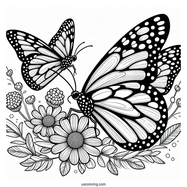 Monarch Butterfly Coloring Page Perched On Flowers