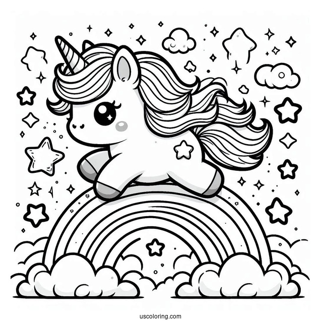 Chibi Coloring Page Unicorn Trotting Across a Rainbow with Sparkling Stars
