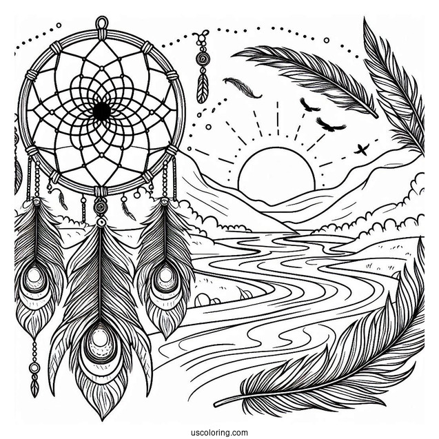 Dreamcatcher With Peacock Coloring Page Feathers Over River Landscape
