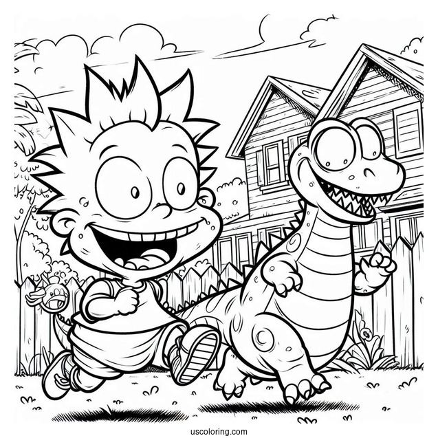 Rugrats Coloring Page Of Spike Running In Backyard With Toy Reptar