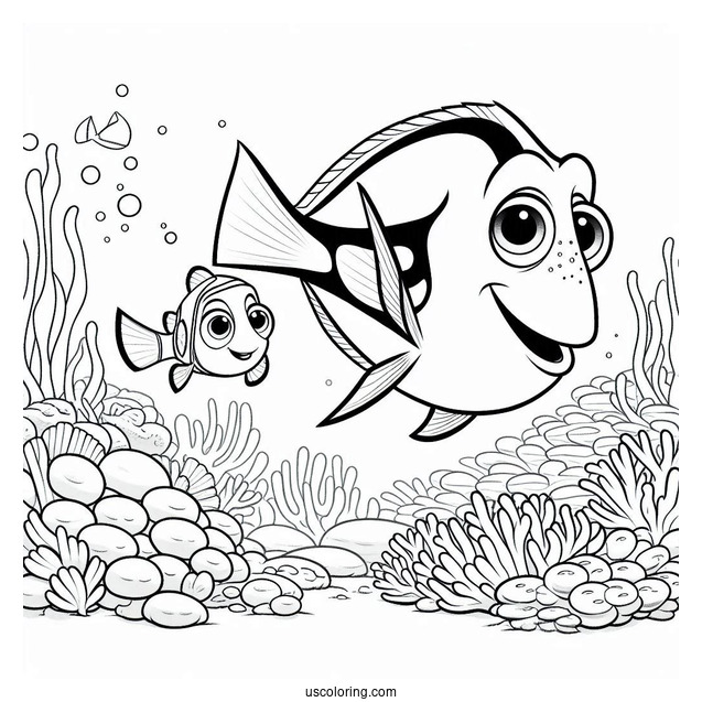 Pixar Coloring Page of Dory And Marlin In Coral Reef