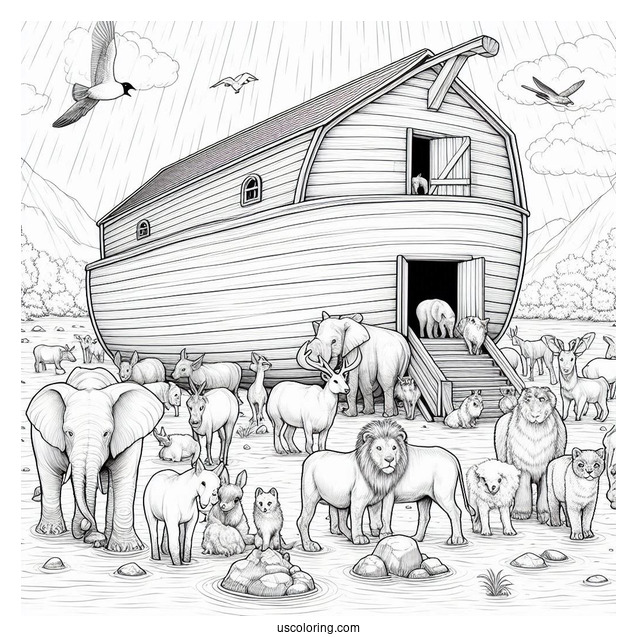 Noah's Ark Coloring Page Of Realistic Animals Outside The Ark After The Flood