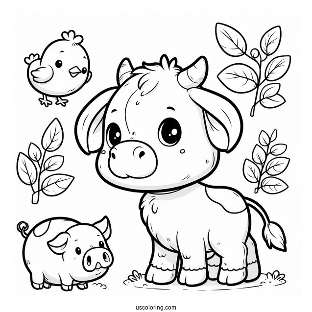 Baby Cow With Pig Chicken And Pig Coloring Sheet