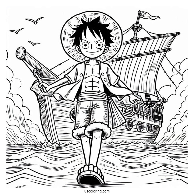 Luffy Coloring Page In Iconic Pose Standing In Front Of Going Merry Ship