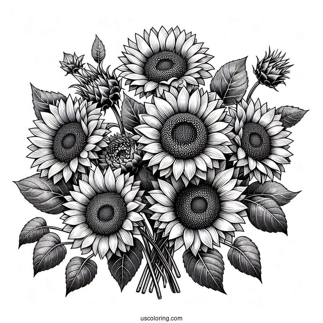 Bunch Of Detailed Sunflowers For Coloring