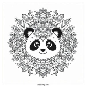 Floral Mandala with Panda Coloring Page Faces and Leaf Border Design For Adults