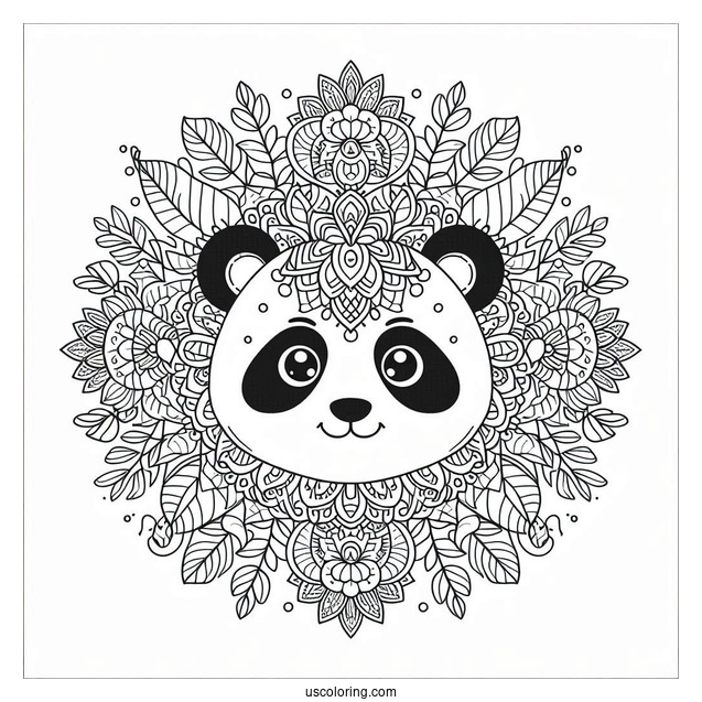 Floral Mandala with Panda Coloring Page Faces and Leaf Border Design For Adults