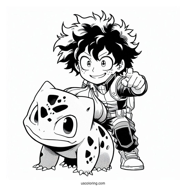 My Hero Academia Izuku Midoriya Crossover With Bulbasau Coloring Pager