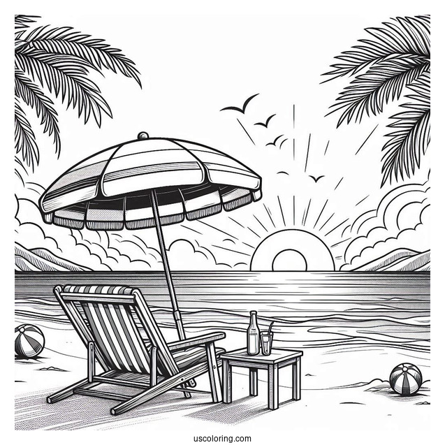 Beach Coloring Page Chair And Umbrella Facing The Sea