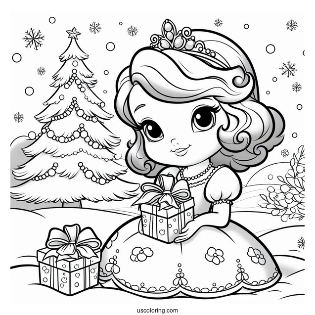 Sofia The First Coloring Page Of With Christmas Present In Snow