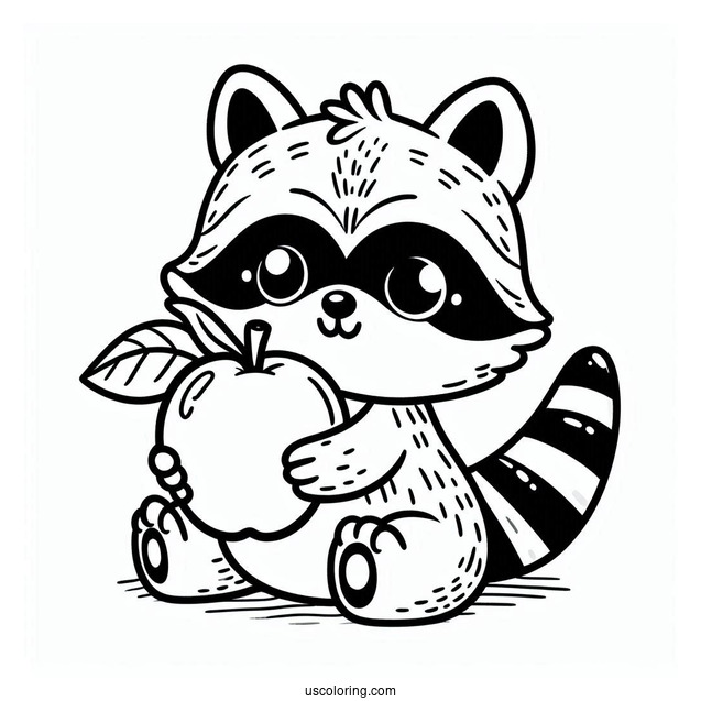 Easy Raccoon Coloring Page Holding Apple For Preschoolers