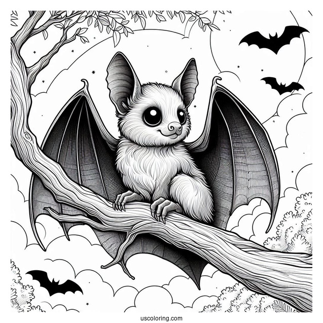 Realistic Bat Coloring Page Perched On Tree