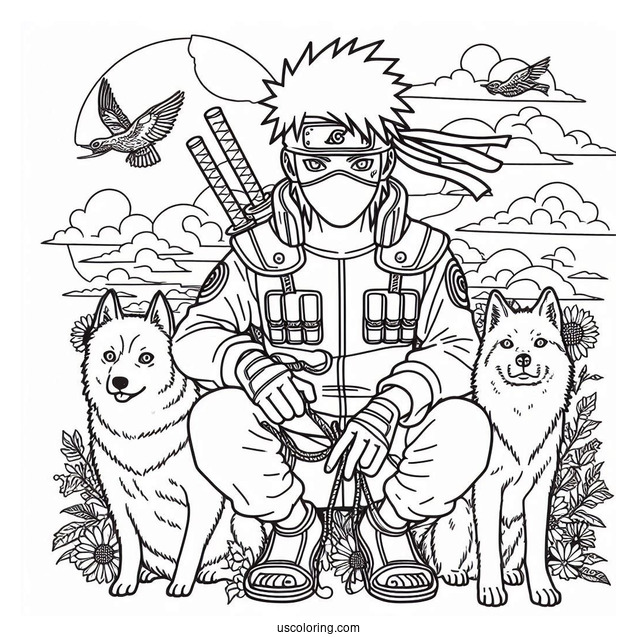 Hatake Kakashi Coloring Page With Pakun And His Dog Pack