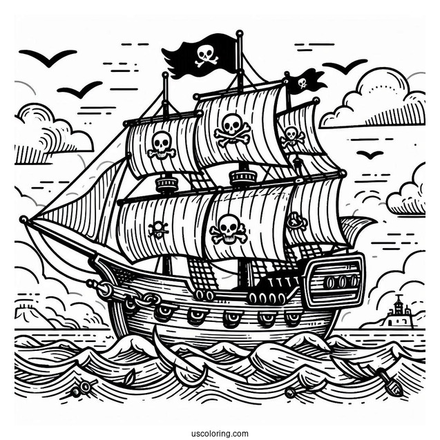 Large Pirate Coloring Page Ship At Sea