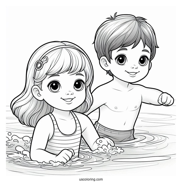 Realistic Little Boy And Girl Swimming Coloring Page