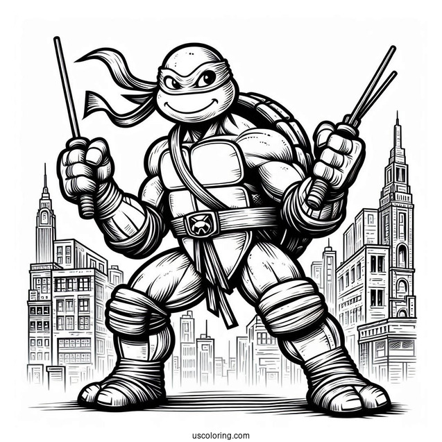 Ninja Turtles Coloring Page Of Michelangelo Using Nunchucks In City