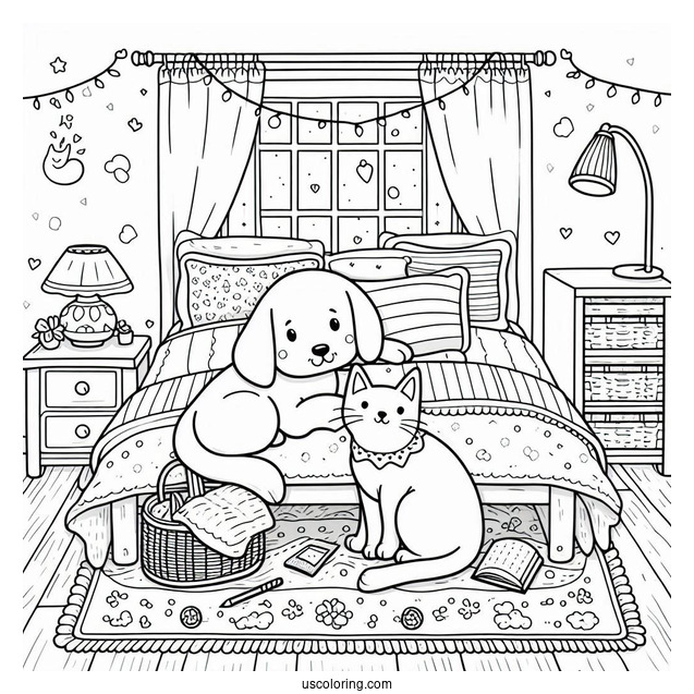 Bedroom Coloring Page Of Dog And Cat Resting On A Bed For Kids