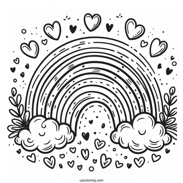 Small Rainbow Coloring Page Surrounded By Love Hearts For Kids