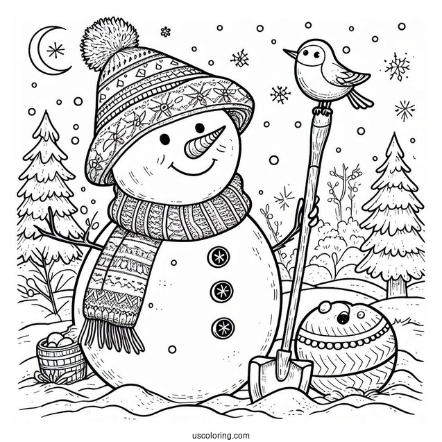 Snowman With Dig And Bird To Color