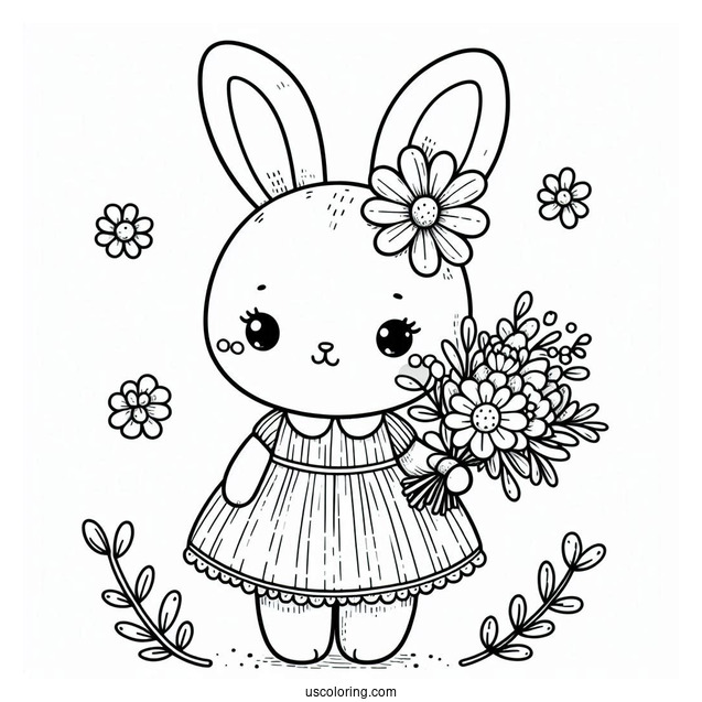 Adorable Bunny In A Dress With A Flower Bouquet In Spring Coloring Sheet