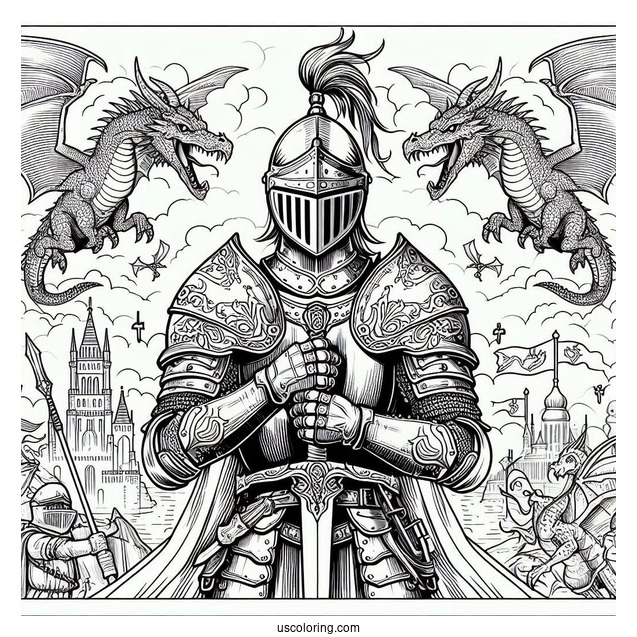 Crusader Knight With Dragons In Background