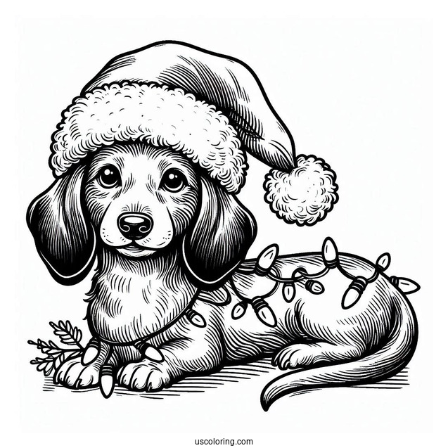 Dachshund Coloring Page In Santa Hat And Christmas Lights