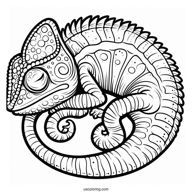 Lizard Coloring Page of Chameleon With Curled Tail Sleeping