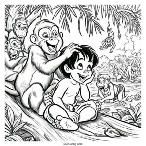 Jungle Book Coloring Page Of Monkeys Teasing Mowgli