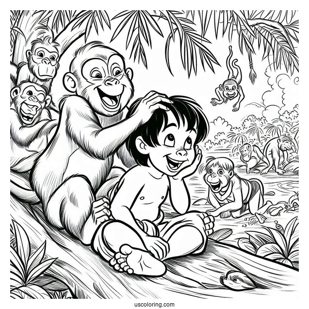 Jungle Book Coloring Page Of Monkeys Teasing Mowgli