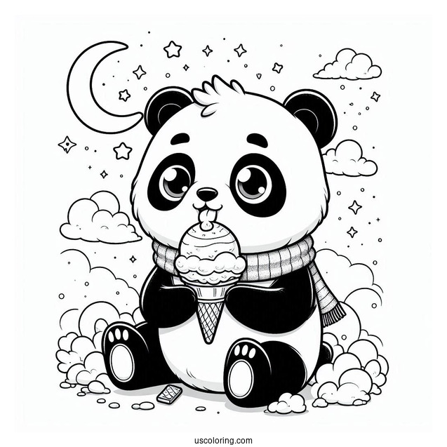 Furry Panda Coloring Page Eating Ice Cream In The Night Sky For Kids