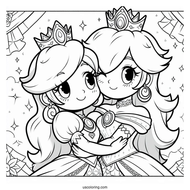 Princess Peach Hugging Princess Rosalina Coloring Page