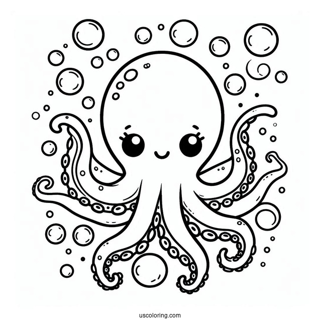 Cartoon Octopus Coloring Page With Bubbles