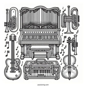 Music Coloring Page Of Organ, Electric Guitar, Trumpet, Violin, Harp, And Saxophone