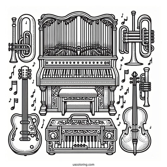 Music Coloring Page Of Organ, Electric Guitar, Trumpet, Violin, Harp, And Saxophone