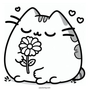 Pusheen Cat Nibbling On a Flower To Color
