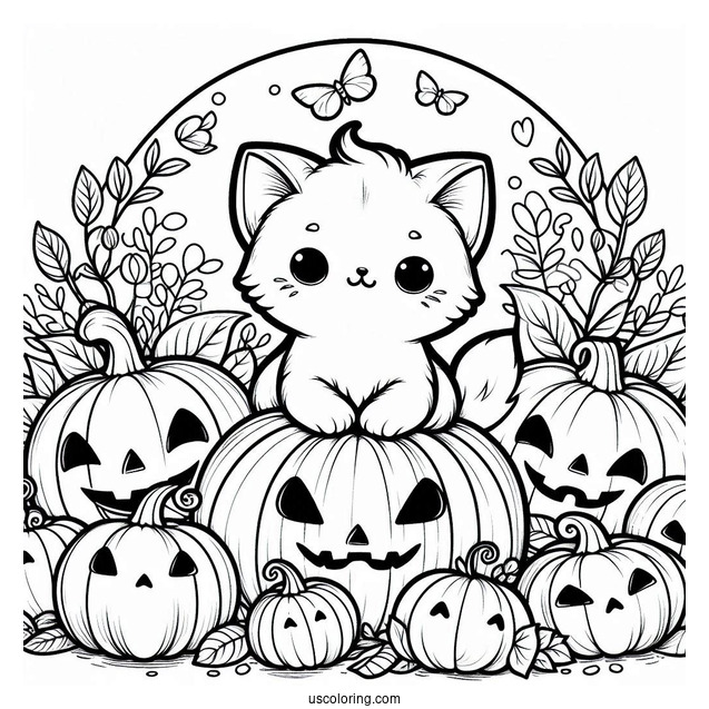 Pumpkin Coloring Page Of Cat Surrounded By Jack O Lanterns