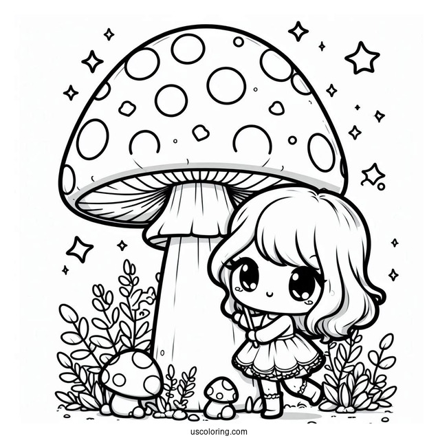 Kawaii Girls Playing With A Giant Mushroom Coloring Page