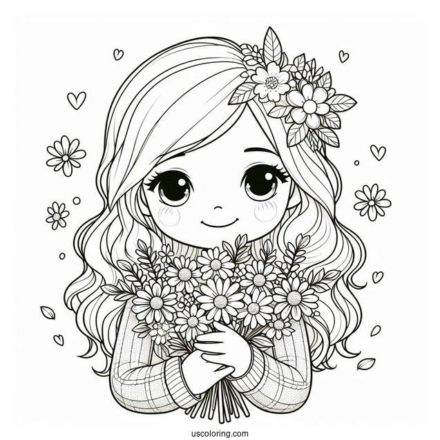 Pretty Little Girl Holding A Flower Bouquet In Spring Coloring Page For Kids