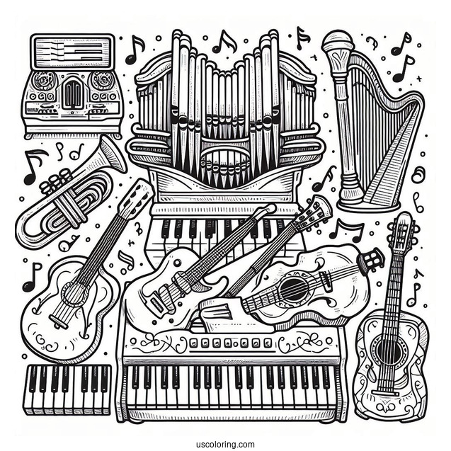 Music Coloring Page Of Organ, Electric Guitar, Trumpet, Violin, Harp, And Saxophone