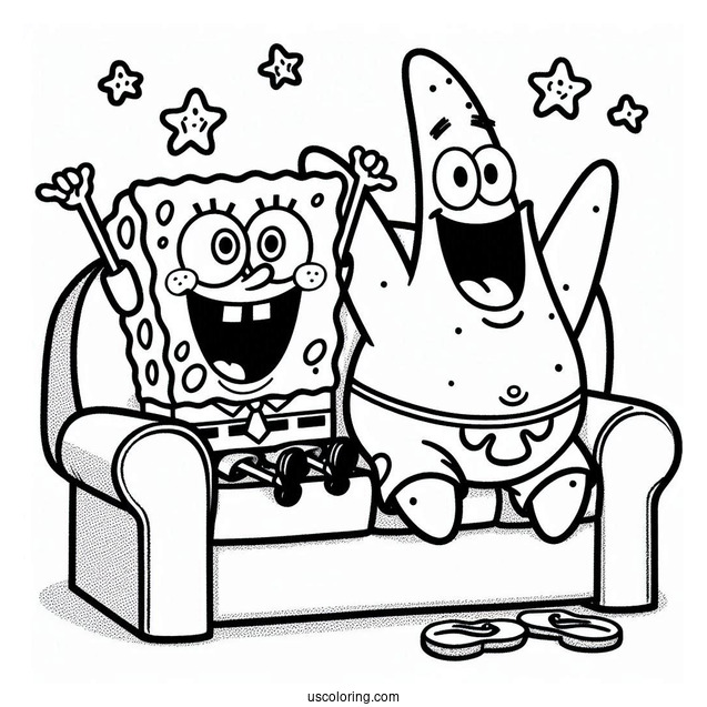 SpongeBob And Patrick Star Coloring Page Cheering On Sofa