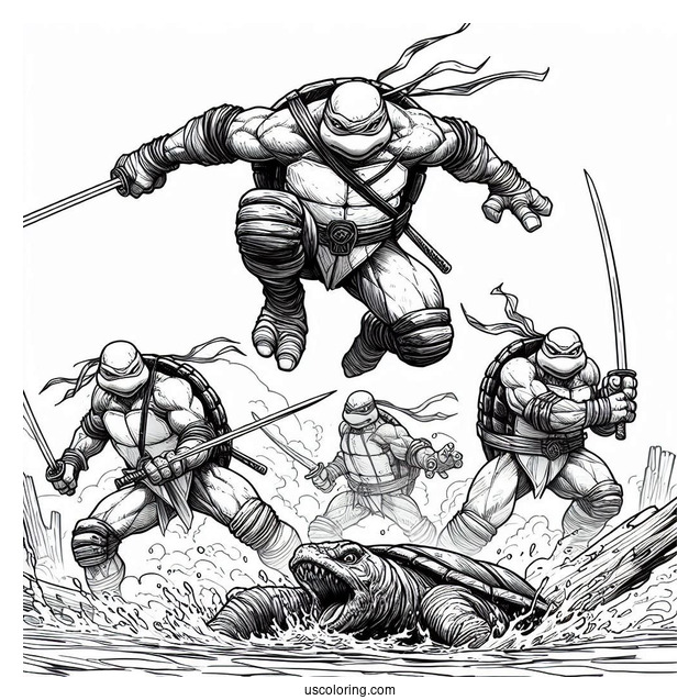 Ninja Turtles Coloring Page Of Raphael, Donatello, Michelangelo, And Leonardo Charging At Enemy