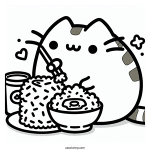 Pusheen Eating Rice And Sushi Coloring Page