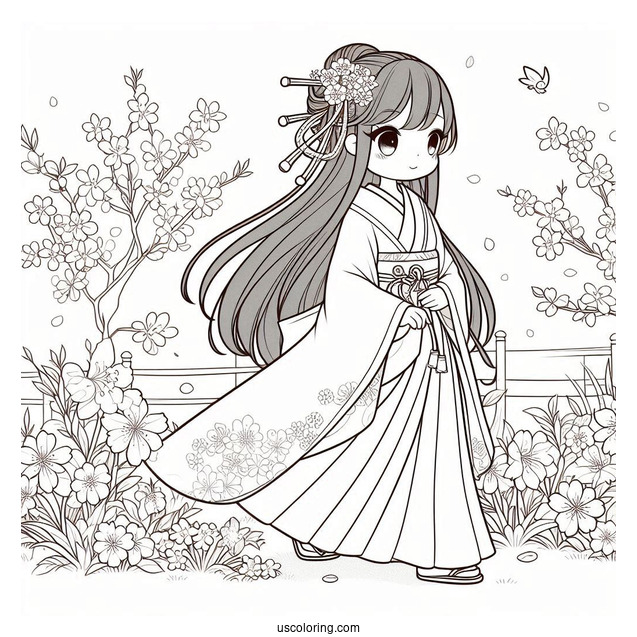 Nezuko Coloring Page Walking In Garden With Cherry Blossoms