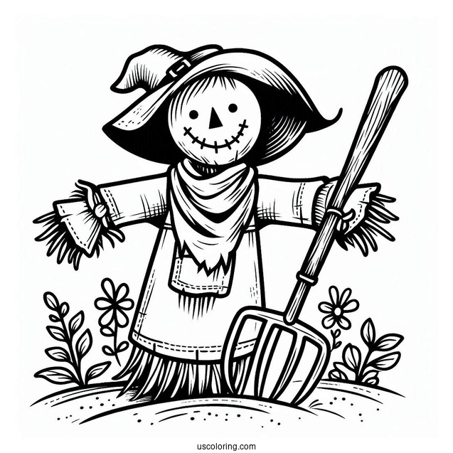 Halloween Scarecrow Coloring Page Holding A Digging Fork
