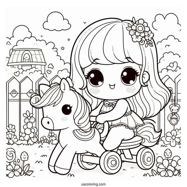 Kawaii Baby Coloring Page Riding A Toy Horse