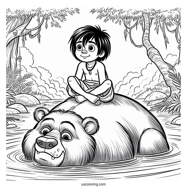 Jungle Book Coloring Page Of Mowgli Sitting On Top of Baloo While Floating In Water