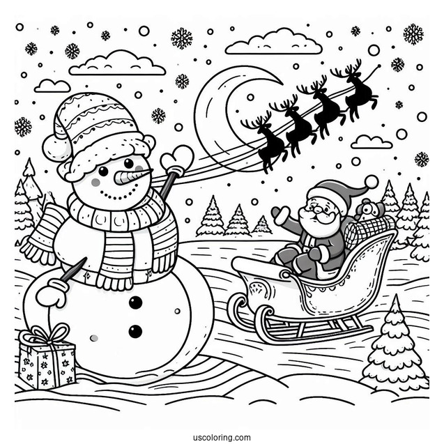 Snowman Waving At Santa On A Sleigh Flying Over The North Pole Coloring Page