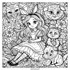 Alice In Wonderland With The Rabbit And The Cheshire Cat Stained Glass Coloring Page